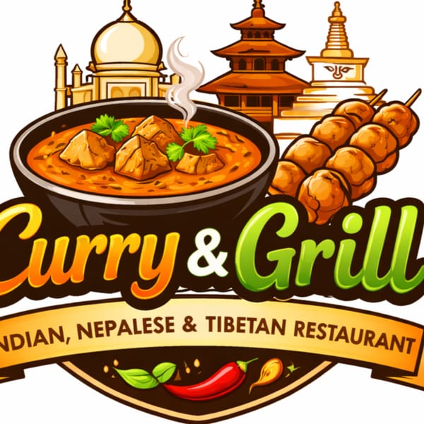 Cartoon logo for "Curry & Grill" restaurant with curry, grilled skewers, and Asian architecture.